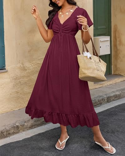 BTFBM Womens Summer Dresses 2026 Wedding Guest Maxi Dress Wine Red — view 5