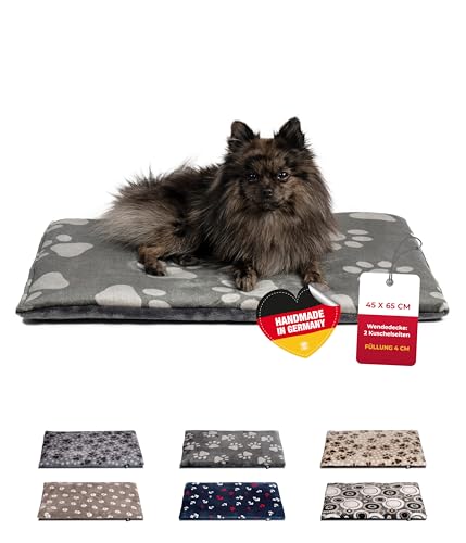 HS-Hundebett® Hundedecke S (55x75 cm) – rutschfest und gemütlich Dank 3 cm Füllung – Perfekt fürs Sofa, Auto & Hundebox – Pfote Anthrazit, Made in DE