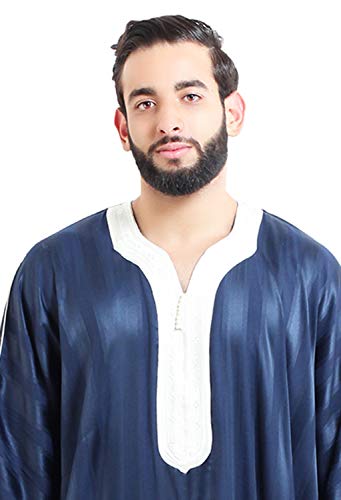 Moroccan Men Dress Caftan Handmade With Embroidery Tread Long Sleeve Navy2