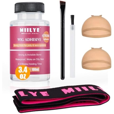 MIILYE Clear Wig Glue Pack, 3.4OZ/100ml Waterproof Lace Glue for Toupee Hair Replacement, Strong Hold Acrylic Adhesive for Front Lace Wig, Pack of Lace Glue with Lace Melting Band, Brush and Wig Caps Cover