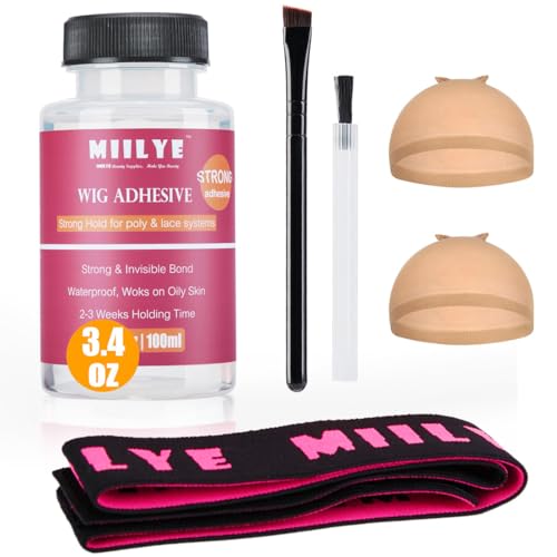 MIILYE Clear Wig Glue Pack, 3.4OZ/100ml Waterproof Adhesive for Toupee Hair Replacement, Strong Hold Acrylic for Front Lace Wig, With Melting Band, Brush and Caps