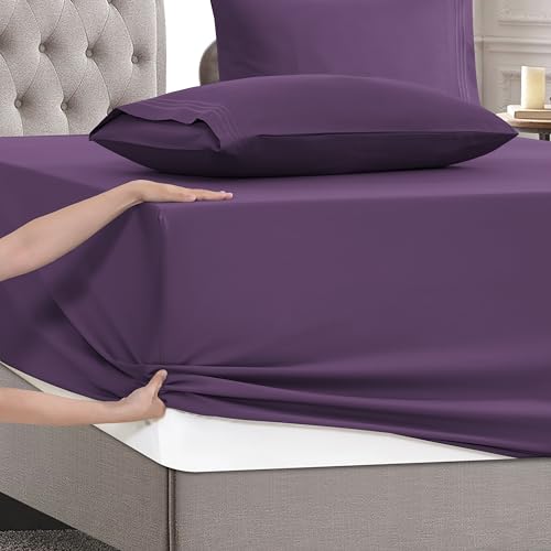 Image of Mocassi Luxury 4-Piece Sheet Set, Ultra Soft 1800 Premium Hotel Quality Microfiber Sheet Set, Fits Mattresses Up to 18 to 24 Inches Extra Deep Pocket - Breathable and Secure Fit, Twin XL, Purple