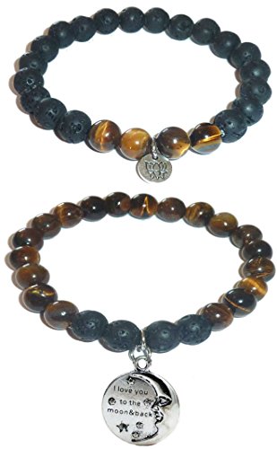 Hidden Hollow Beads Charm Tigers Eye and Black Lava Natural Stone Women s Yoga Beaded Stretch Bracelet Set. Comes in A Gift Box! (I Love You to The Moon and Back)