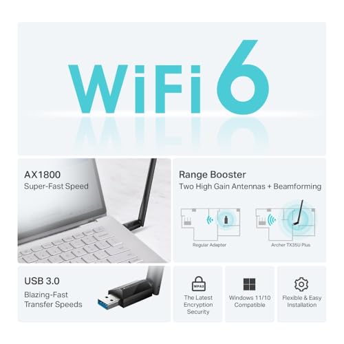 Image of TP-Link Archer TX35U Plus WLAN Stick for PC, Wi-Fi 6 AX1800 Dual Band Adapter, USB 3.0, MU-MIMO, Antennas with High Gain, WPA3 Encryption, Compatible with Windows 11 /10
