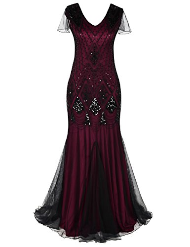 PrettyGuide Women 1920s Ball Gown Bead Sequin Art Deco Mermaid Evening Dress Short Sleeve S Burgundy