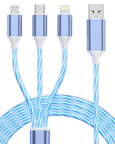3 in 1 LED Light Up Charging Cable 1.2M/4Ft Multi USB Charger Cord Flowing LED Fast Charging Cable with Type C Micro USB and Lightn-ing Connectors Adapter for iPhone Samsung Android Switch iPad-Blue