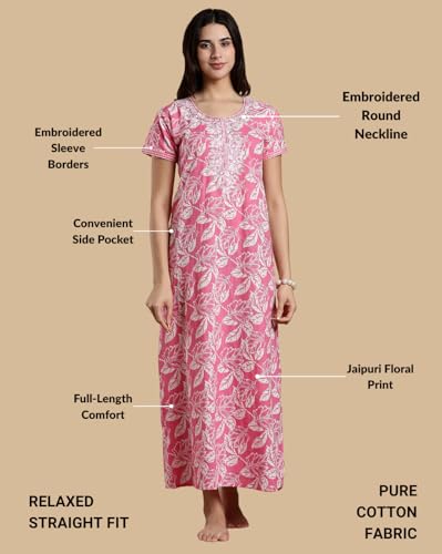 Image of 9shines Label Stylish Pure Cotton Nighty Maxi for Women | Embroidery Neckline Nightgown | A-Line Nightdress with Pocket | Floral Night Gown| Soft Comfortable Cotton Sleepwear (Cotton Yoke)
