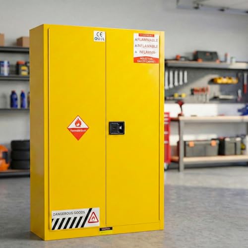 OSHA Flammable Liquid Safety Cabinet 90 Gallon, 42.9x18.1x65 in, Lockable Metal Chemical Storage for Solvents/Paint/Fuel, Spill Containment Sump, Adjustable Shelf, Venting & Grounding, Steel, Garage