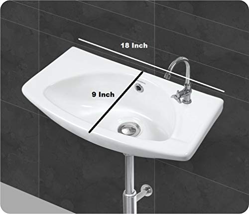 Image of Wash Basin Wall Hung Mounted Glossy Finish White Sink for Bathroom - (18 x 9 x 6 Inch)