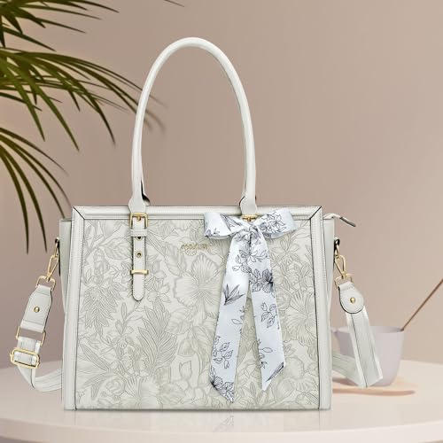 Image of MOSISO Laptop Bag for Women, PU Leather Tote Bag, Front Embossed Retro Hibiscus Computer Bags with Silk Scarf&Clutch Purse