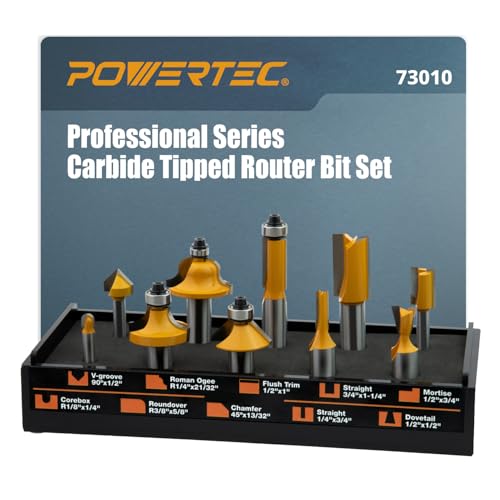 POWERTEC 10-Piece Carbide Tipped Router Bit Set, 1/2" and 1/4" Shank Router Bits for DIY and Various Woodworking Projects. Includes Flush Trim, Roundover, Dovetail, Core Box and More (73010)