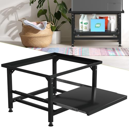 Herrselsam Waschmaschinen Untergestell mit Ausziehbarem Regal, 42cm Höhe, Höhenverstellbare Füße & Geräuschdämpfung, Waschmaschinen Sockel mit 3 stufiger Auszugsschublade, 150kg Belastbarkeit, Schwarz