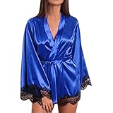 Ropa de Dormir para Mujeres,SHOBDW Regalo de San Valentín Ropa Interior Camisón de satén Tallas Grandes Sólido Encaje de Seda Lencería Camisón Bata Sexy Ropa de Dormir(Azul,L)