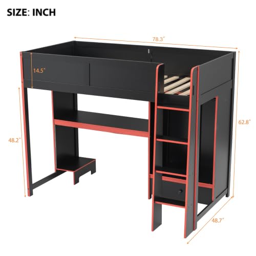 Image of Harper & Bright Designs Twin Size Gaming Loft Bed with Built-in Desk & LED Lights, Wooden Loft Bed with Wardrobe & Storage Drawer, Black