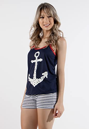 Pijama Curto Doll Âncora Malha Feminino Adulto Marinheira (G)