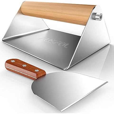 RUSFOL Large Stainless Steel Grill Smasher with a Stainless Steel Griddle Spatula, Heavy Duty Bacon Press,Wooden Handle Burger Smasher, No Rust,Easy to Maintain&Use, Good for Indoor&Outdoor use Cover