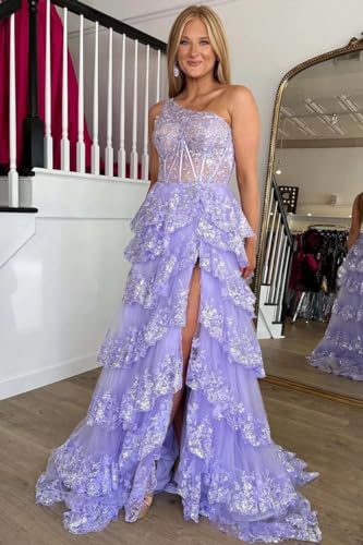 Cudiew One Shoulder Lace Tulle Tiered Prom Dress Sparkly Sequined Applique Long Maxi Formal Evening Party Gowns 20254