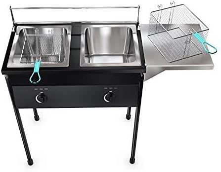 Bioexcel Taco Cart Two Tank Outdoor Deep Fryer-Compatible with Propane Gas Tanks-Regulating Nobs-Propane Deep Fryer with 2 Stainless Baskets and Steel Oil Tank