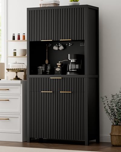 Comparison: Best Cabinet Colors For Black Countertops 3 Lulive 71" Fluted Pantry Cabinet with Charging Station & Adjustable Shelves, Spacious Kitchen Storage Cabinet with Open Countertop & Drawer for Dining Room, Living Room, Black