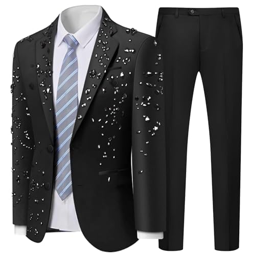 Mens 2 Piece Slim Fit Suit Set Two Button Black Men Suit Jacket Pants with Notch Lapel Casual Wedding Suits