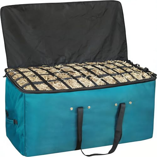 Heunetz für Pferde,Heusack,extra große Heutasche (112x46x56 cm) mit Slow-Feed-Deckel f. Pferde,Ziegen,Schafe& Esel–Hochwertige,schwer entflammbare Oxford-Stoff Aufbewahrungstasche (Dunkelblaugrün)