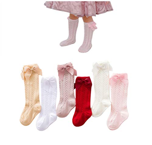 6 Pack Baby Girl Knee High Socks Tube Ruffled Long Stockings Cotton Bows Socks for Newborn Toddler (0-12 Months,Uniform Leggings Socks)