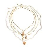 yeeplant Juego de collares de oro en capas para mujer, gargantilla vintage de perlas de imitación y colgante de corazón, diseño mixto de cuatro cadenas, 36 + 7 cm