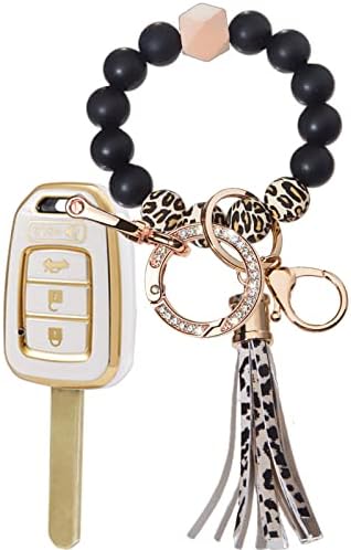 Key Fob Cover Case Fit for Honda Accord Civic CR-V HR-V Soft TPU Remote Holder Skin Protector ,Bling Key Chain Bracelet Silicone Bead Portable Car Keys Ring Holder Bangle Chains Tassel