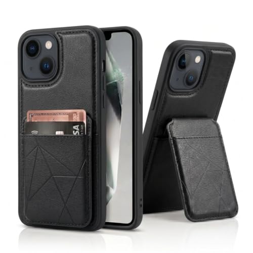 Image of amazon basics Premium Vegan Leather Back Cover with Card Holder and Integrated Mobile Stand for iPhone 13 - Slim Shockproof Wallet Case with Geometric Stitching [Black]
