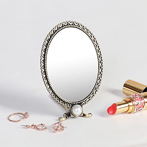 Sehamano Vintage Double Sided Handheld Makeup Metal Mirror / Decorated With Pearl / Folding Handle / Portable And Durable Hand Mirror (Matt Gold (Brass)) #TOP4