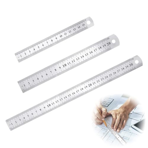 3 PCS Reglas de Acero Inoxidable Regla de Borde Recto Regla Metálica con Tabla de Conversión Doble Regla Lateral para Medir Estudio de la Oficina (15/20/30cm)