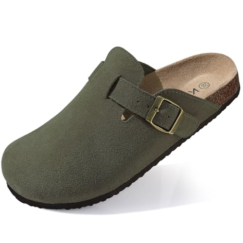 KIDMI Genuine Suede Clogs for Women Cork Footbed Sandals Leather Mules Potato Shoes with Arch Support Army Green 39 (Size 5.5-6)