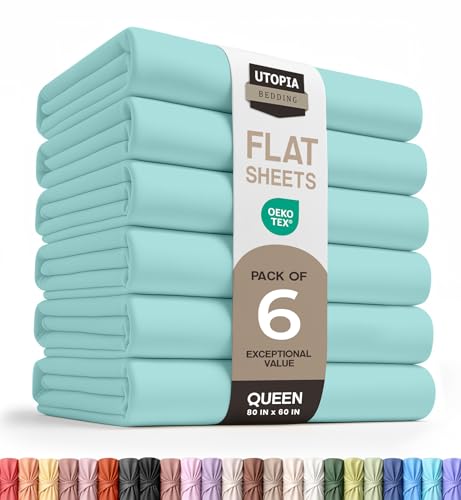 Utopia Bedding Flat Sheets - Pack of 6 - Soft Brushed Microfiber Fabric - Shrinkage & Fade Resistant Top Sheets - Easy Care (Queen, Spa Blue)