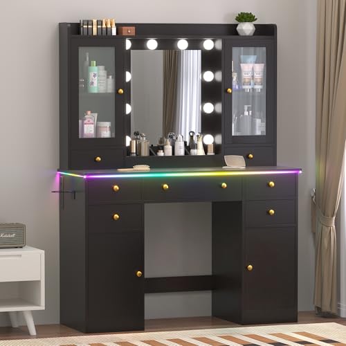 Wodeer Vanity Desk with Mirror and Lights, 43" Black Makeup Vanity Set with 5 Drawers & Glass Cabinets, Power Outlet, Adjustable LED Lights & Makeup Tray, Dressing Table for Women & Girls Bedroom