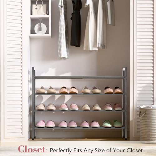 Image of Bumusty 4-Tier Expandable Shoe Rack for Closet, 18 inch-33 inch Adjustable Shoe Rack for Small Space, Small Shoe Organizer for Front Door, Sturdy Metal, Gray