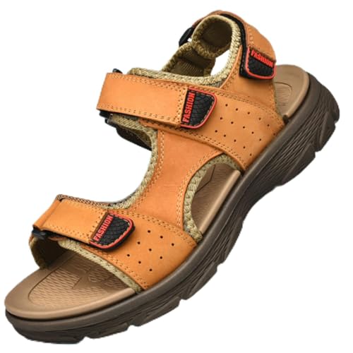 MILDSEVEN Classics Men's Real Leather Hiking Sandals, Fashion Open-Toe Sandals, Hollow Out Backpacking Beach Shoes,8,Gold