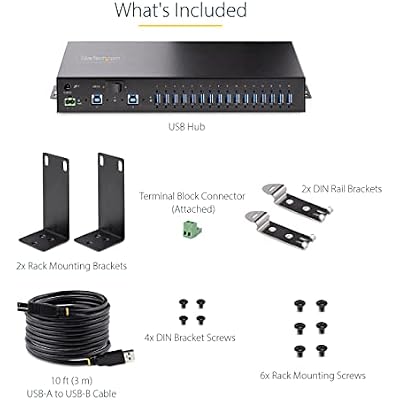 StarTech.com 16-Port Industrial USB 3.0 Hub 5Gbps, Metal, DIN/Surface/Rack Mountable, ESD Protection, Terminal Block Power, up to 120W Shared USB Charging, Dual-Host Hub/Switch, TAA