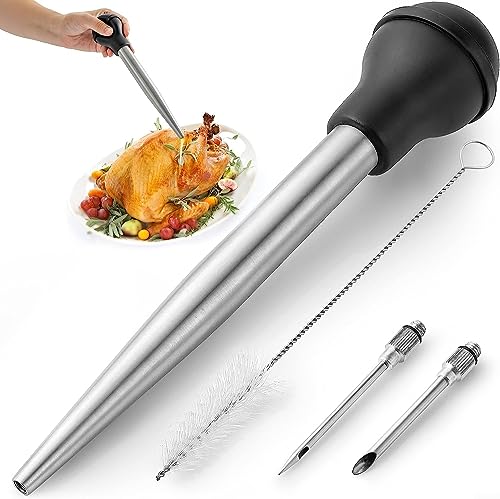 Stainless Steel Turkey Baster Baster for Cooking Meat Injector Set with 2 Marinade Needles 1 Cleaning Brush for Home Baking Kitchen Tool