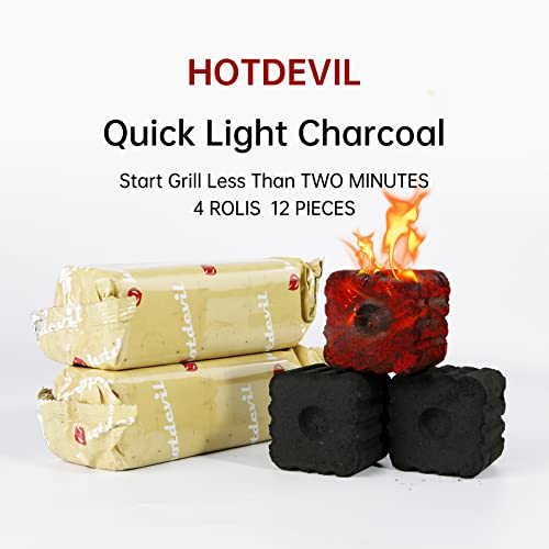 Hotdevil Quick Light Charcoal Instant Light Hardwood Lump Charcoals Premium Instant Charcoal Briquettes For Bbq Grilling Camping Outdoor 210 Mins Long Lasting Low Smoke Clean Burning 4 Rolls 12 Pcs #TOP1