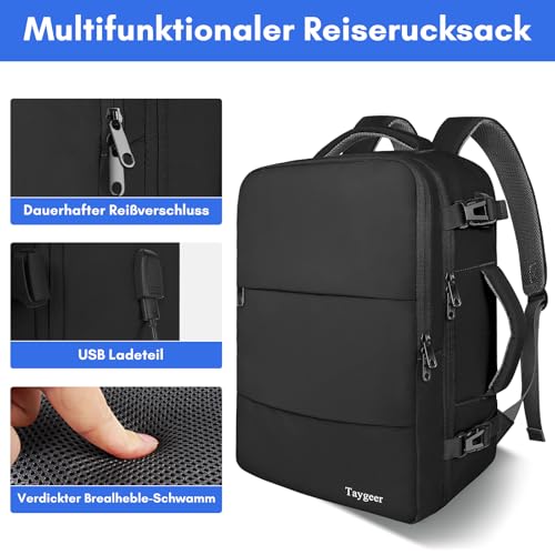 Taygeer EasyJet Handgepäck 45x36x20, Handgepäck Rucksack Flugzeug Herren, 15,6 Zoll Laptop Reiserucksack mit USB Ladeanschluss Leichtgewicht Cabin Bag Business Arbeit für Damen Teenager, Schwarz