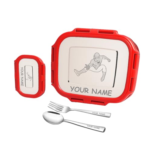 Image of Personalized Tiffin | Customized Lunch Box with Lids | Personalized Stainless Steel Tiffin Box | Your Child's Name and Favourite Character Engraved | for School Students (Red)