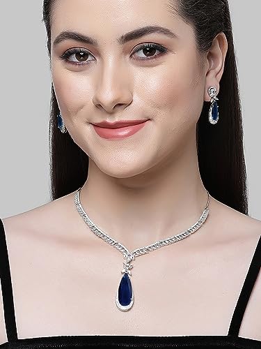 Image of Karatcart Elegant Silver Plated Blue American Diamond Necklace Set for Women