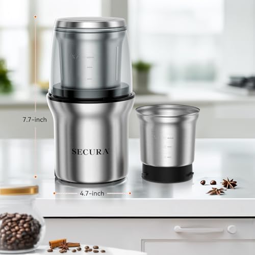 Image of Secura Electric Coffee Grinder and Spice Grinder with Stainless Steel Blades, 1 Removable Bowl, Stainless (Pack of 2)
