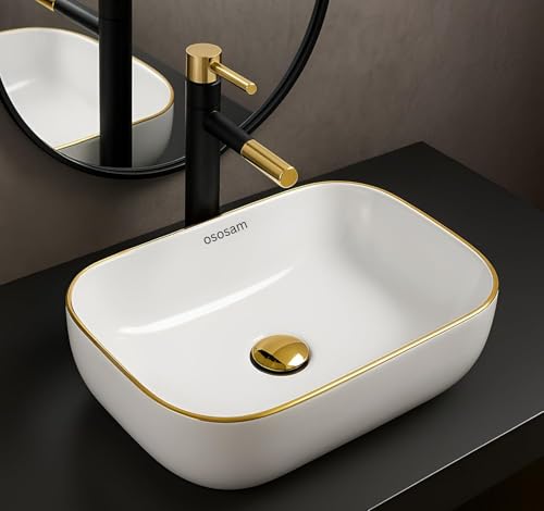 Image of OSOSAM Premium Designer Table Top Ceramic Wash Basin /Vessel Sink with Slim Rim for Bathroom (18 x 13 x 5.5 Inch) (White Glossy Finish)