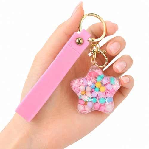 Image of Wanna Party Star Shaped Beads Keychain with Pink Wrist Strap, Cute Bag Charm Key Ring for Girls, Backpack Accessories, Birthday Return Gifts, Party Favors, School Bag Decoration - 1PC
