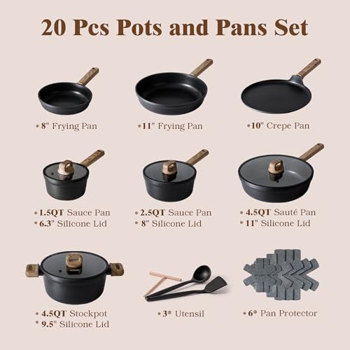 Image of SENSARTE 20Pcs Nonstick Pots and Pans Set, Black Titanium Cookware Set
