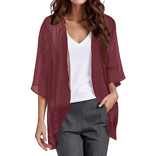 Mujer Cardigan Mujer Verano Manga 3/4 Playa Cardigan Boho Style Suelto Chal de Gasa Ropa de Baño Cover Up Kimono Bikini Cover