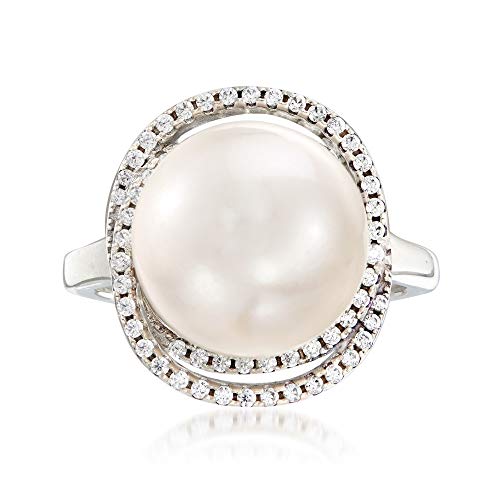Ross-Simons Italian 12Mm Cultured Pearl And .78 Ct. T.w. Cz Ring In Sterling Silver. Size 9 #TOP16