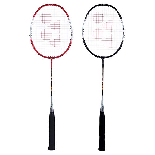 Image of Yonex ZR 100 Light Aluminum Blend Badminton Racquet with Full Cover, Set of 2 (Black /Red) & Mavis 200i Nylon Shuttle Cock, Pack of 6 (Yellow)