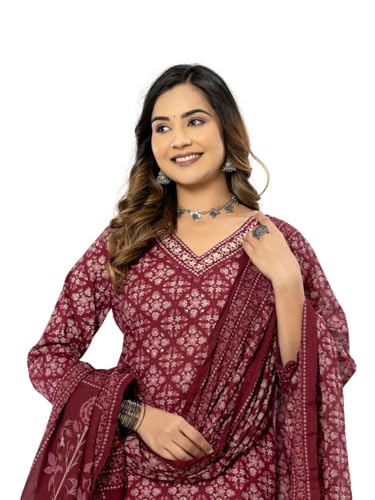 Image of Amayra Women's Cotton Printed Straight Kurta with Pant and Dupatta Set